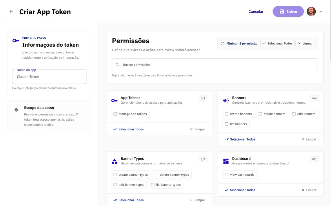 Tela de App Token da plataforma DothNews
