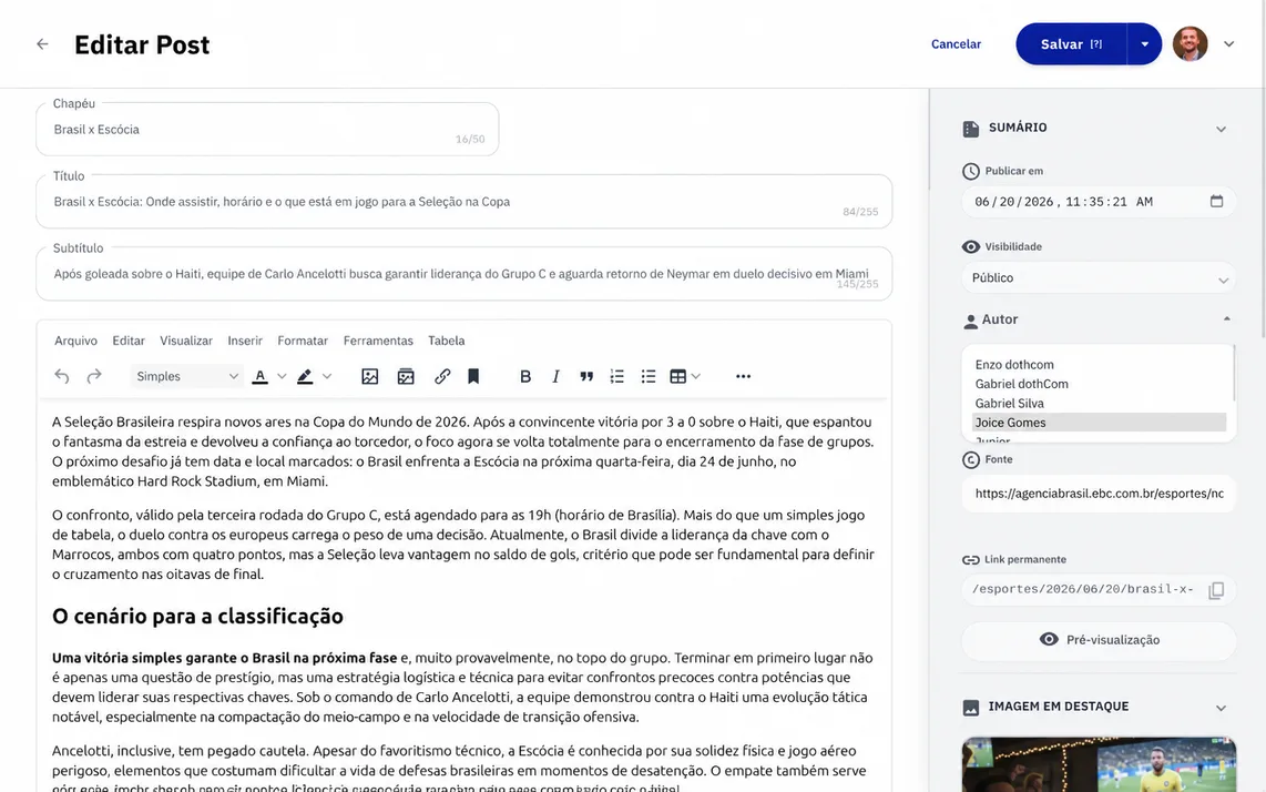 Editor de conteúdo da plataforma DothNews