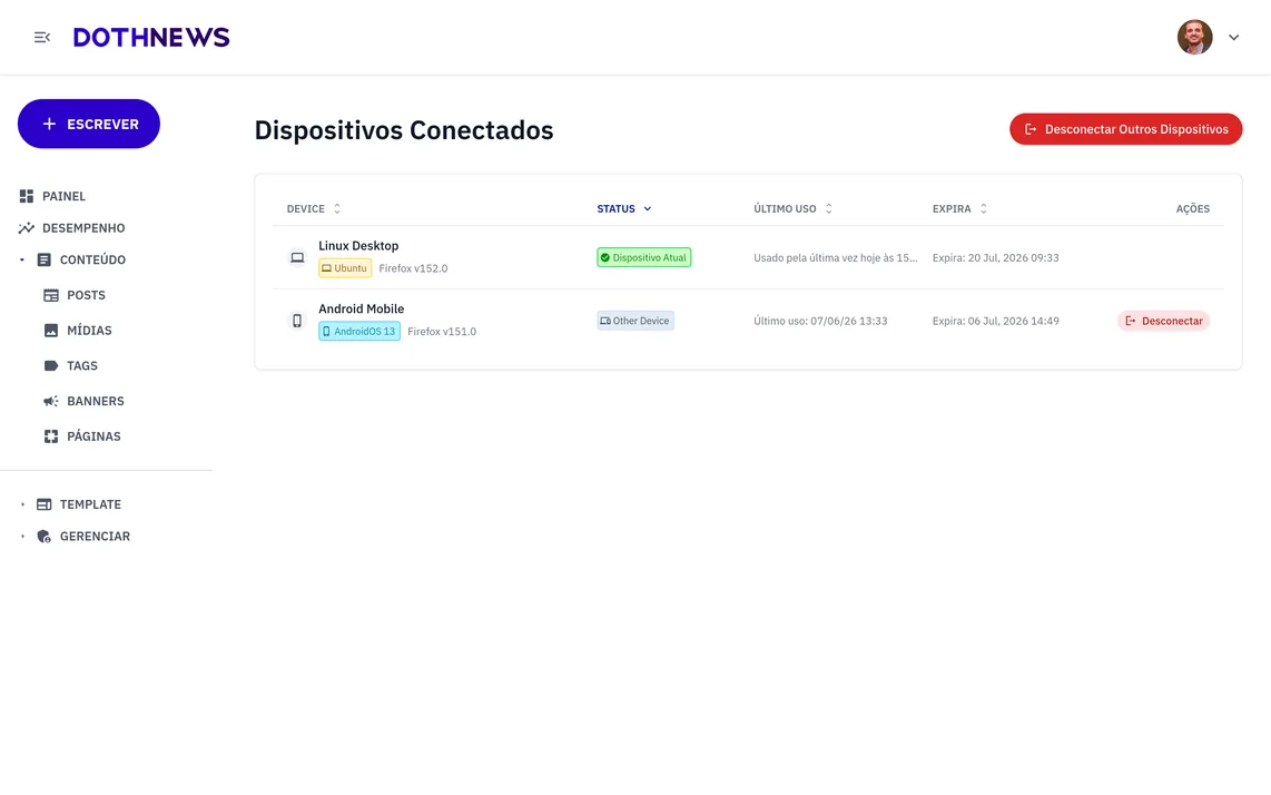Dispositivos e sessões conectados à sua conta