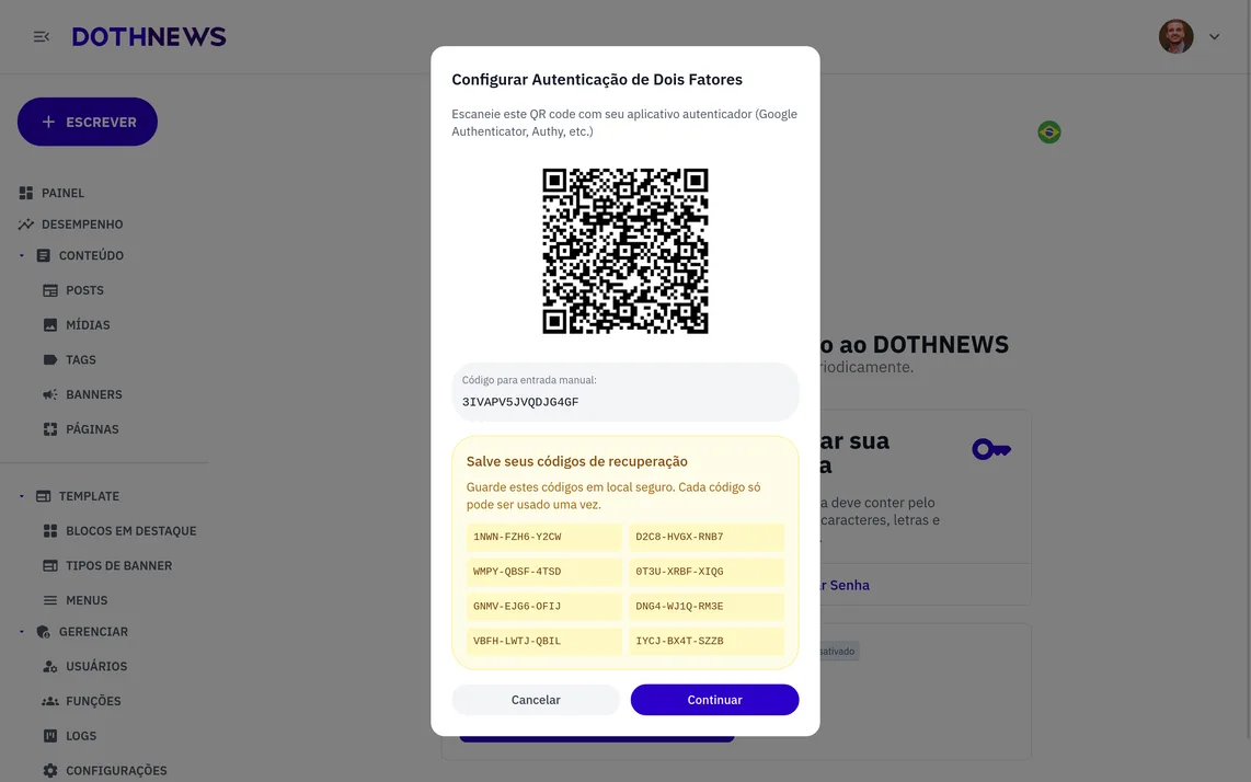Configuração de autenticação em dois fatores