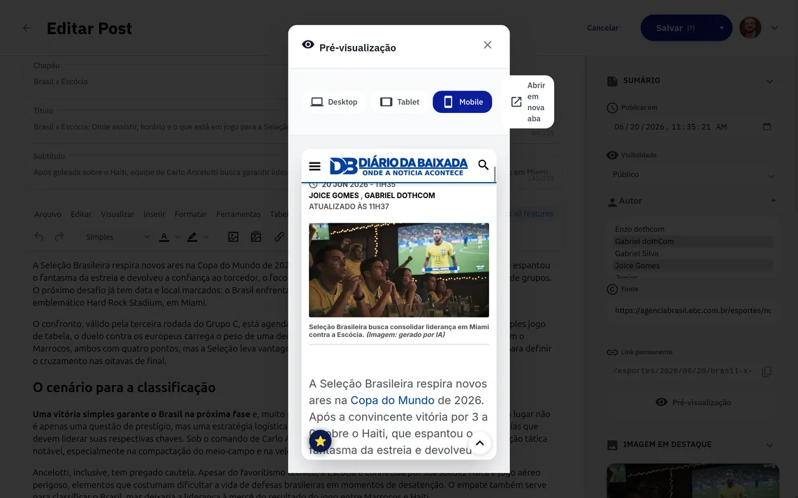Pré-visualização do post em desktop, tablet e mobile