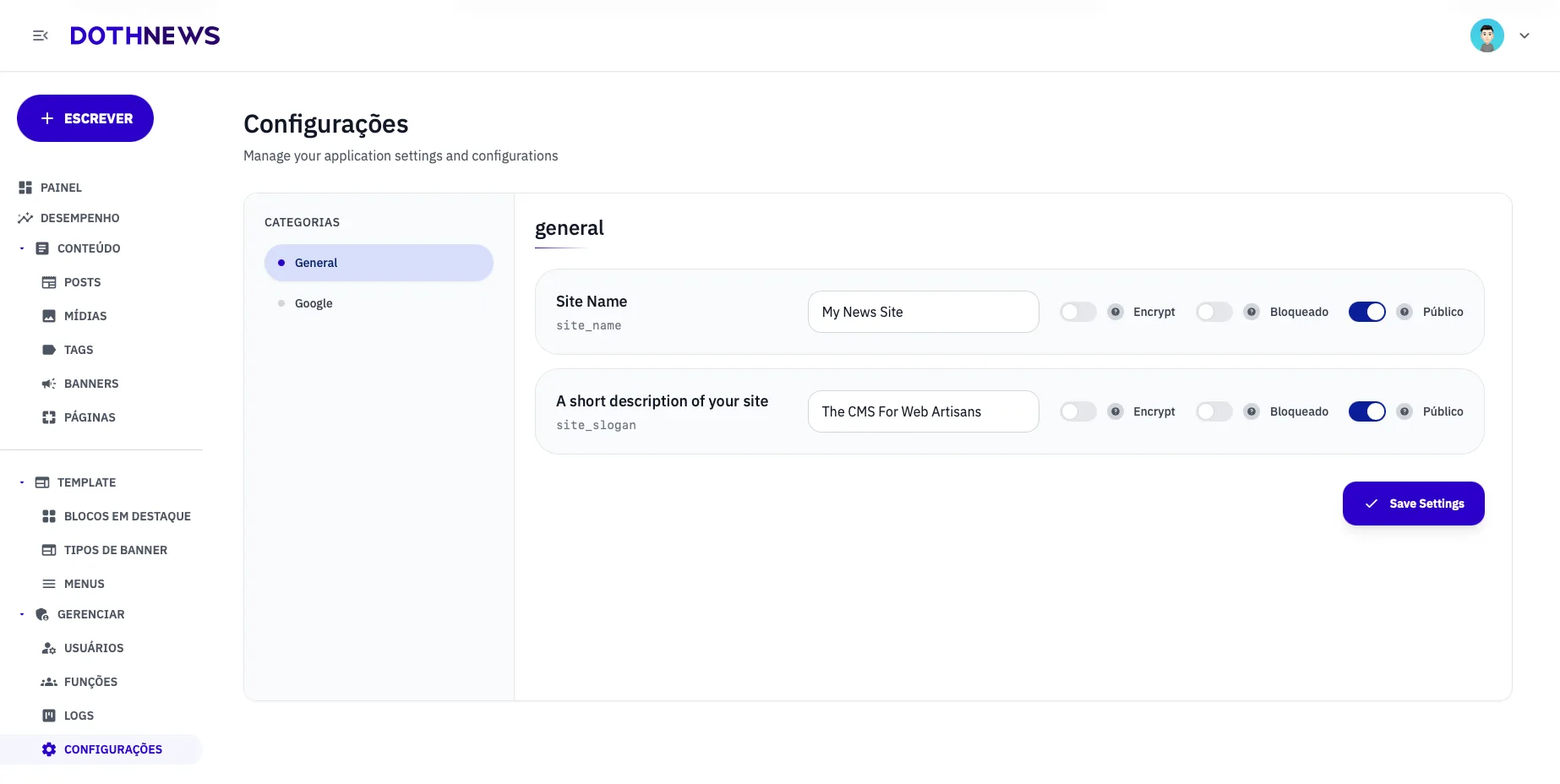 Configurações da plataforma DothNews