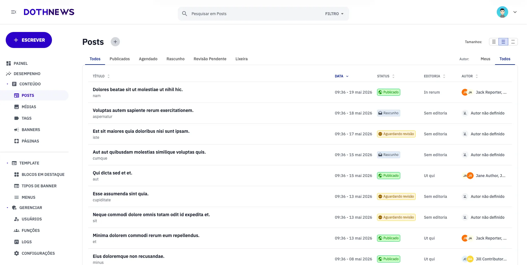 Listagem de publicações da plataforma DothNews