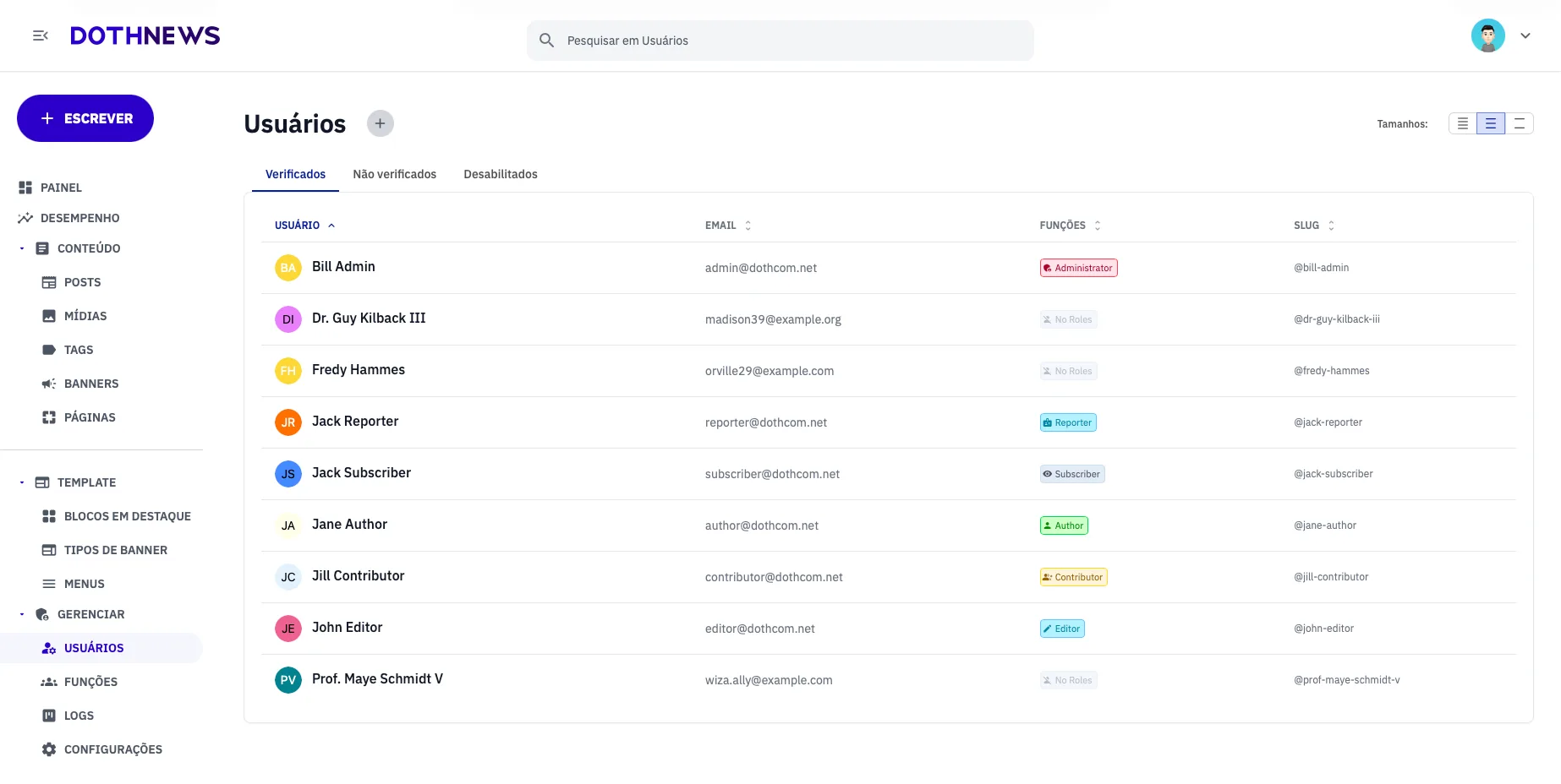 Gerenciamento de usuários da plataforma DothNews